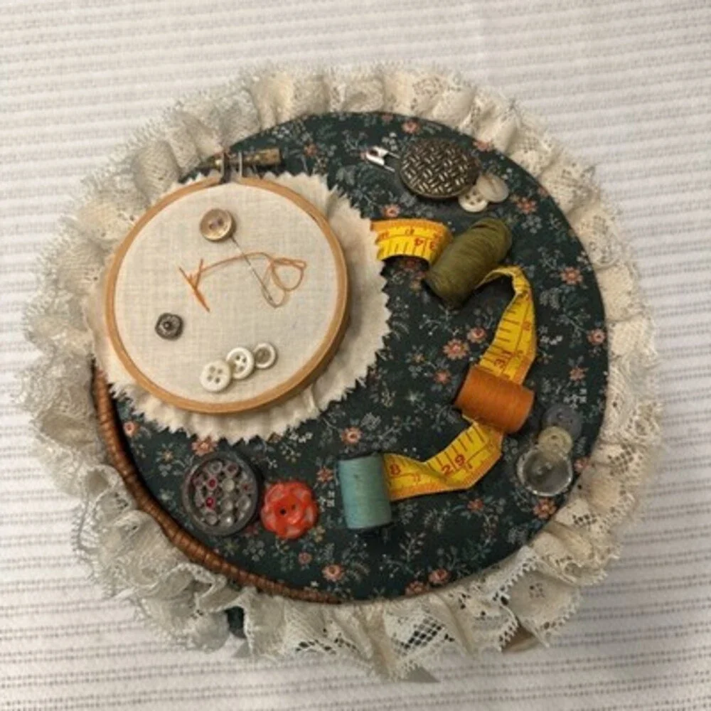Vintage Heavenly Creations Sewing Basket Green Floral Motif